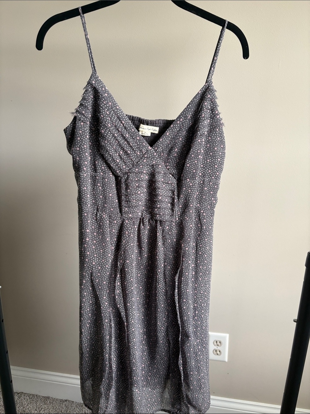 Spaghetti Strap V-Neck Midi Dress in Charcoal with Micro Dot Print